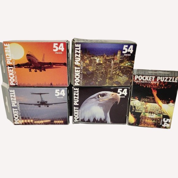 5 Mix Lot Pocket Jigsaw Puzzles Chicago Boeing 747 Bald Eagle Airplanes USA Made - Picture 1 of 5